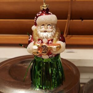 Santa Ukulele Grass Skirt Glass Blown Christmas Ornament